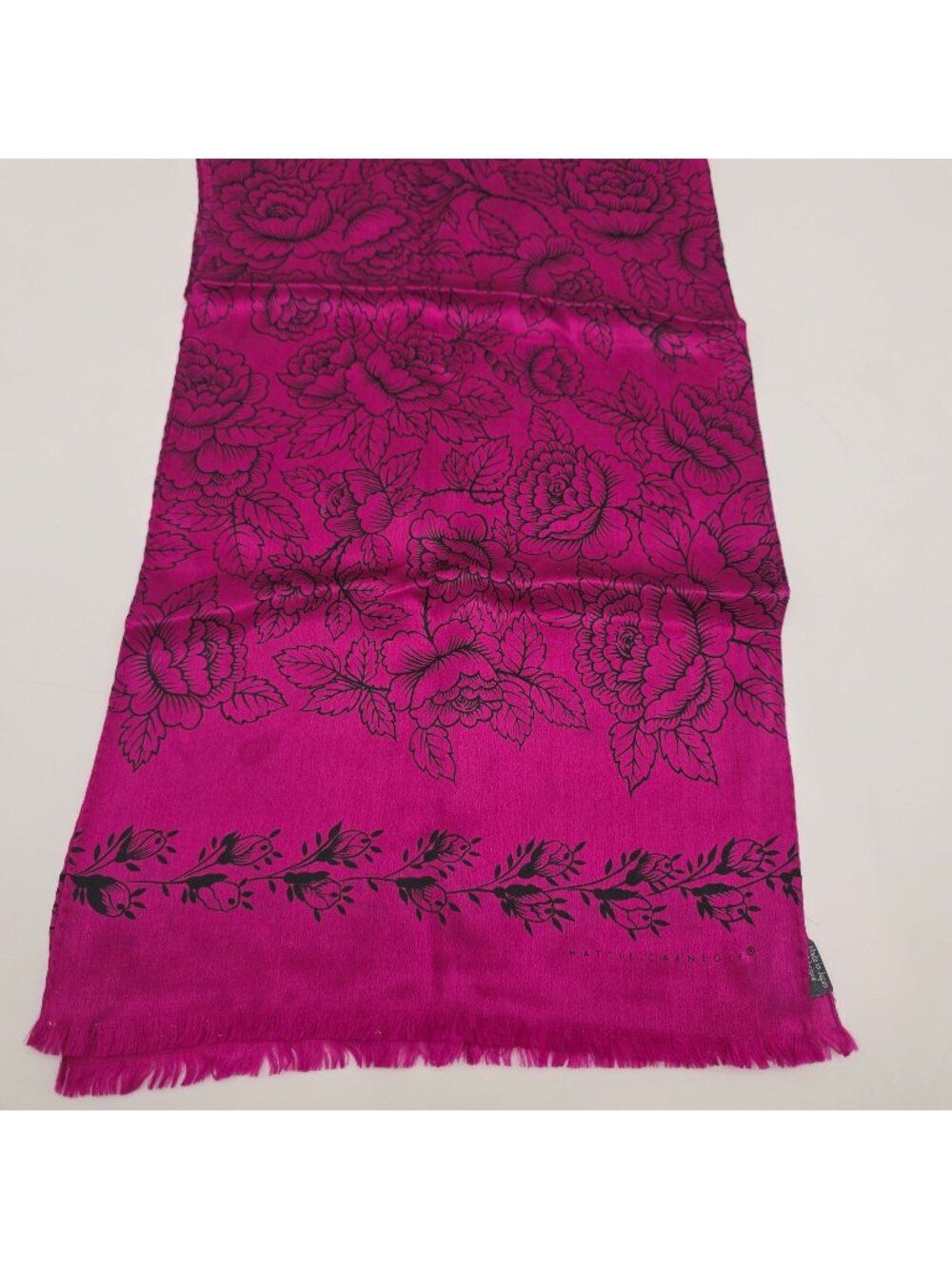 Hattie Carnegie Black Floral On Fuchsia 100% Silk Scarf With Fringed Ends